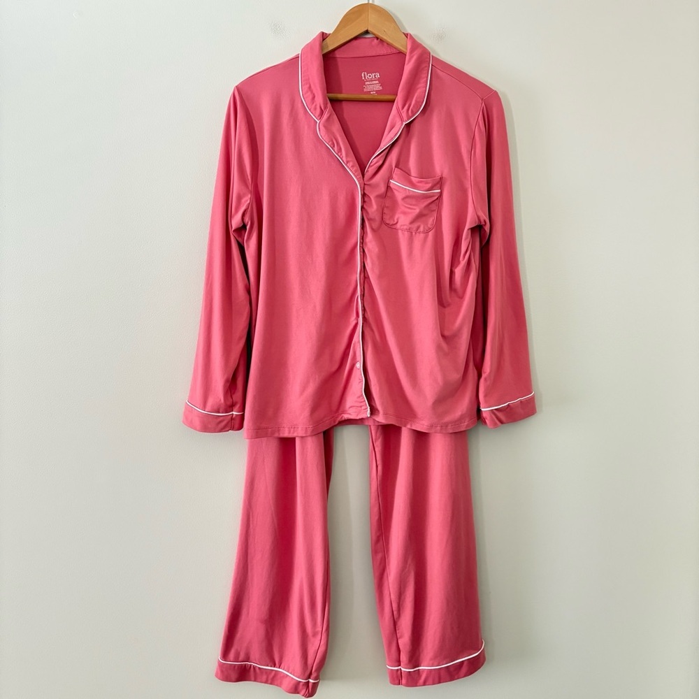 Flora by Flora Nikrooz 2‑Piece Pajama Set Rose Pink with White‎ Piping M *READ*